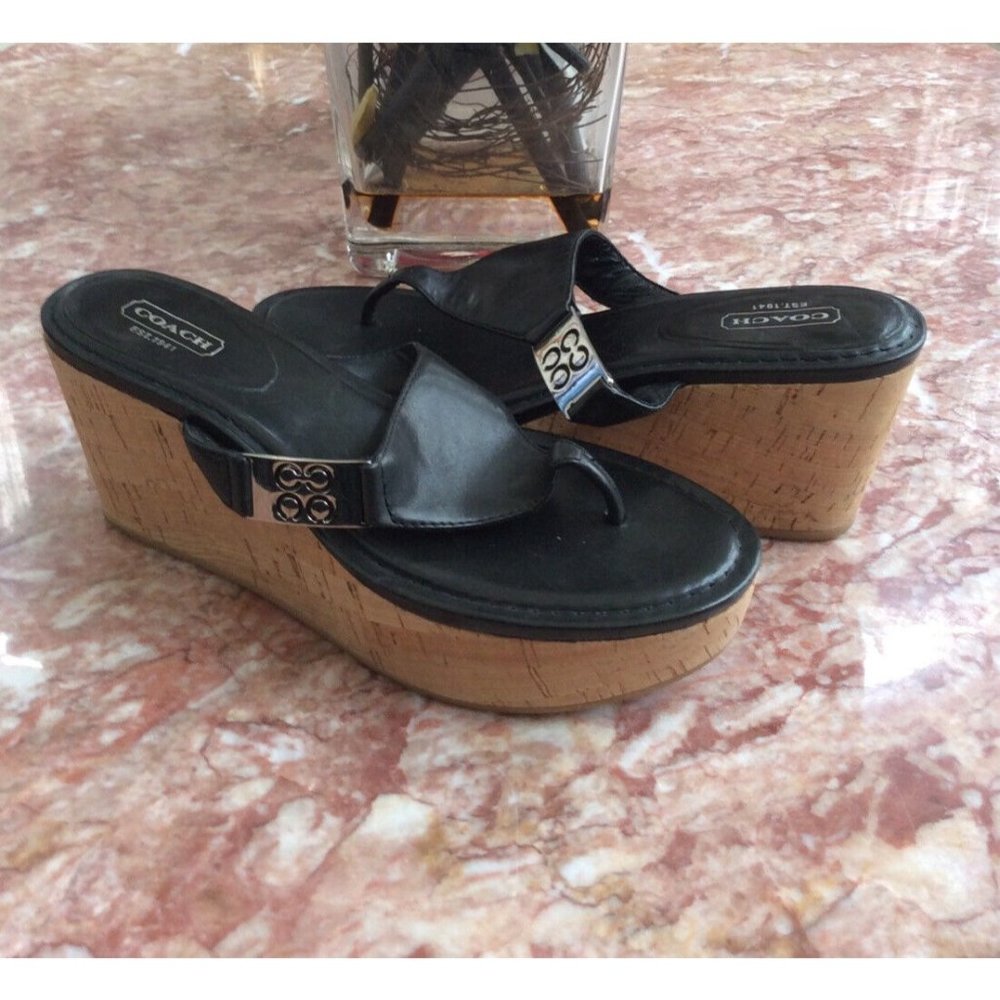 Coach Jan Women's Black Leather Cork Wedge platform‎ sandals Size 7.5B EUC! $168